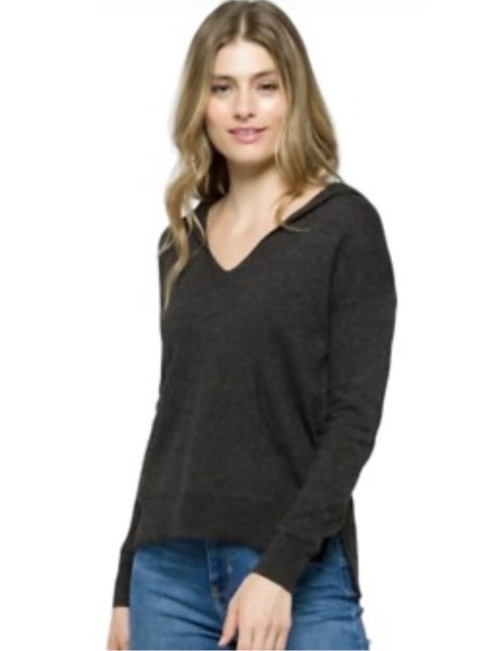 Lusso Cashmere V Neck Hooded Pullover Sweater Dark Grey Minimal Split Hem